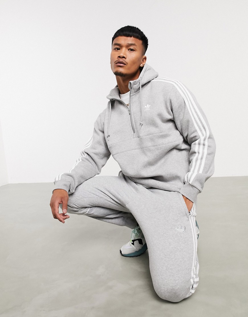 Adidas Originals - Hoodie met korte rits en 3-Stripes in grijs