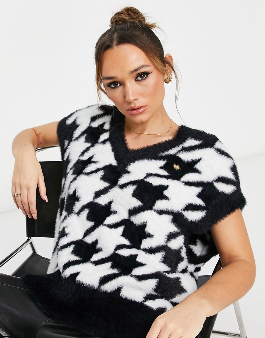 adidas Originals houndstooth fluffy sweater vest in black and white