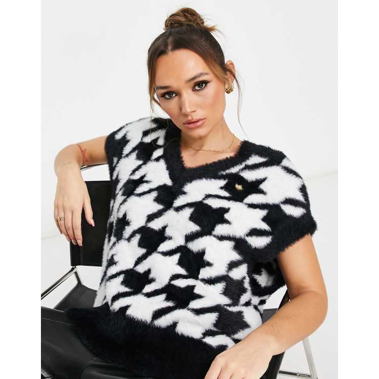 adidas Originals houndstooth fluffy sweater vest in black and white ASOS