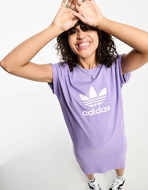 adidas House Of Classics Trefoil t-shirt dress in purple | ASOS