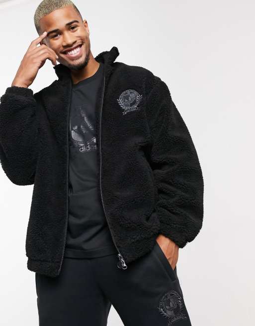 adidas Originals jacket with collegiate crest in black teddy fleece