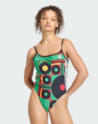 adidas Originals - Jamaica Originals - Badeanzug in Vivid Green / Schwarz / Weiß mit U-Rückenausschnitt-Grün