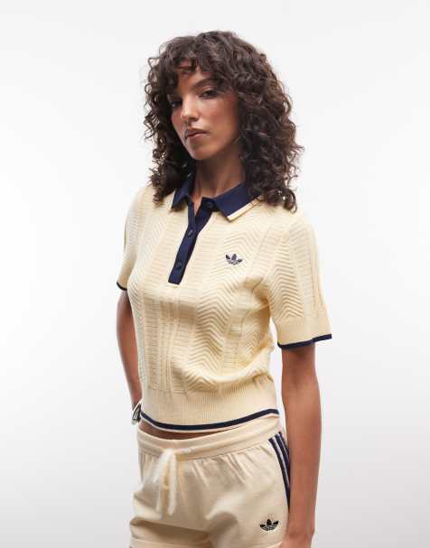 adidas Originals kabelgebreide polo in crème - view 1