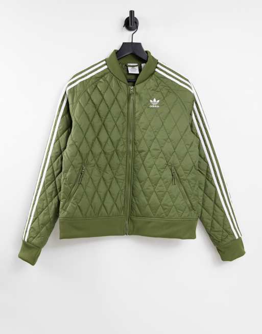 adidas Originals – Kakifärgad, quiltad träningsjacka i boyfriend-modell med tre ränder och dragkedja