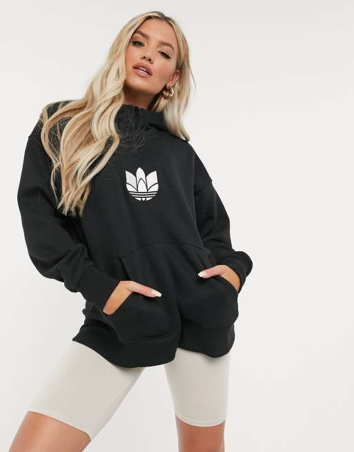 adidas Originals Kapuzenpullover mit 3D Kleeblattlogo und Viertel ReiBverschluss in Schwarz ASOS