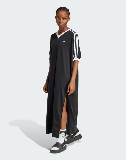 adidas Originals – Kleid in Schwarz mit V-Ausschnitt