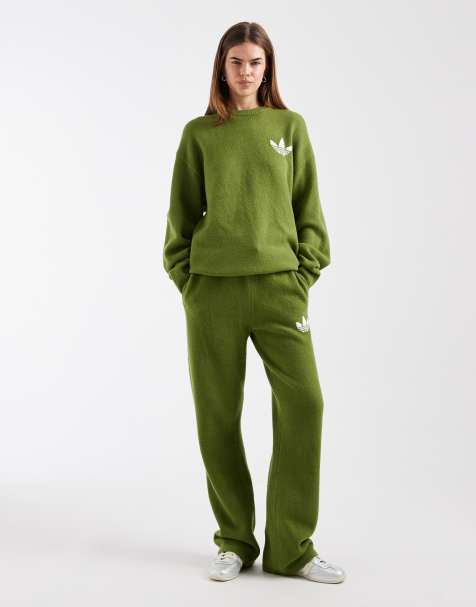 adidas Originals knitted wide leg trackies in olive green - view 1