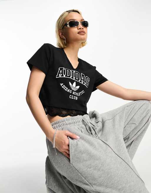 adidas Originals Kurzes College T Shirt in Schwarz mit Spitzenborte ASOS