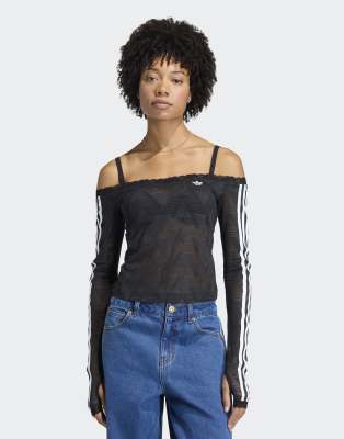 adidas Originals - Lace - Oberteil aus Spitze in Schwarz mit Carmen-Ausschnitt