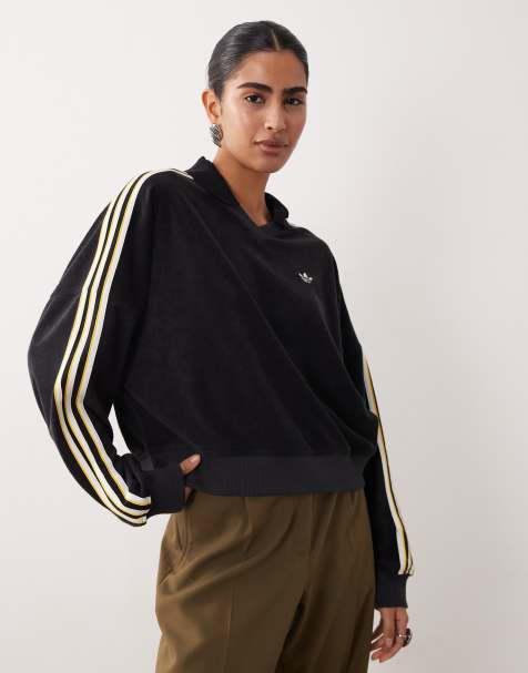 adidas Originals – Langärmliges Polohemd aus Frottee in Schwarz mit V-Ausschnitt - view 1