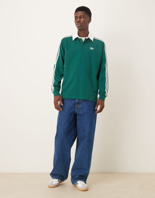 adidas Originals – Langärmliges Polohemd in Grün mit drei Streifen, 2 von 5