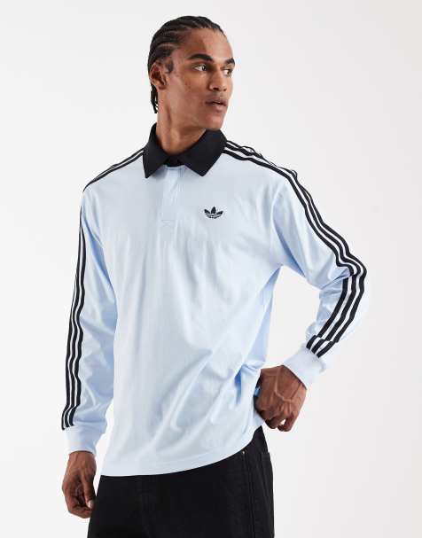 adidas Originals – Langärmliges Polohemd in Hellblau mit den drei Streifen - view 1