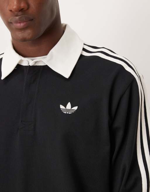 adidas Originals – Langärmliges Polohemd in Schwarz mit drei Streifen, 5 von 5
