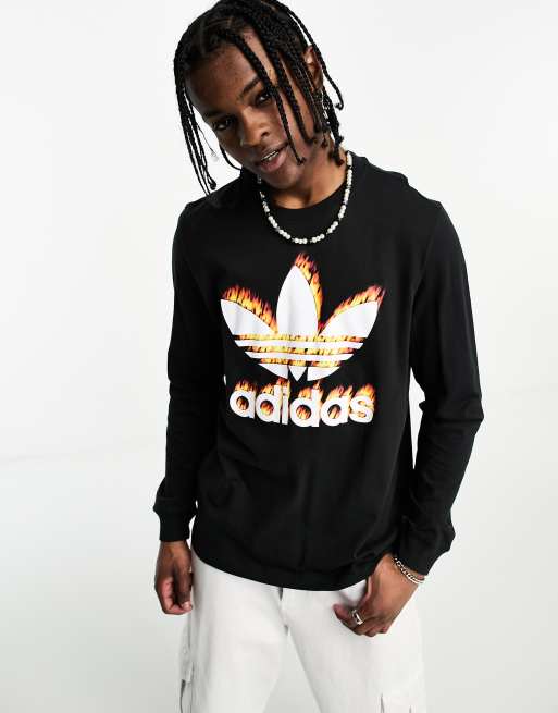 adidas Originals – Langärmliges Shirt in Schwarz mit großem Dreiblatt-Grafikprint im Feuer-Design