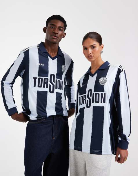 adidas Originals - Langærmet fodboldtrøje med 96-talprint og lyseblå/marineblå striber - view 1