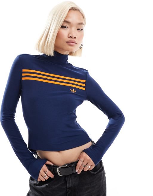 adidas Originals - Langærmet og indigoblå striktrøje med høj hals