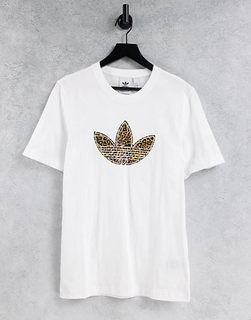 adidas Originals large logo boyfriend t-shirt in white with leopard print |  ASOS