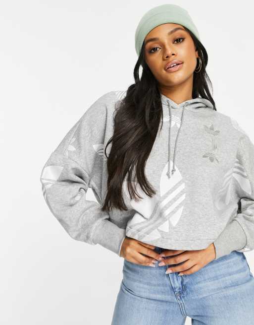 adidas Originals large logo cropped hoodie in gray ASOS