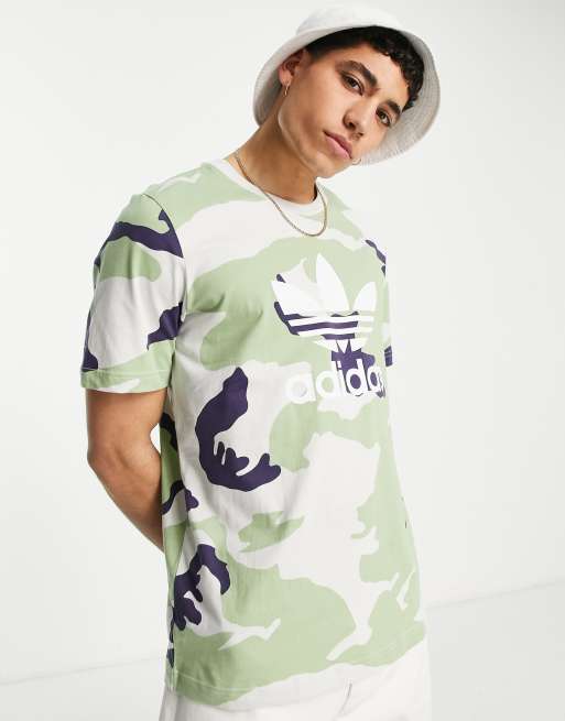 Adidas Men's Triple Stripe Printed ¾ Sleeve Baseball Shirt, Small, Green Twist Camo Logo