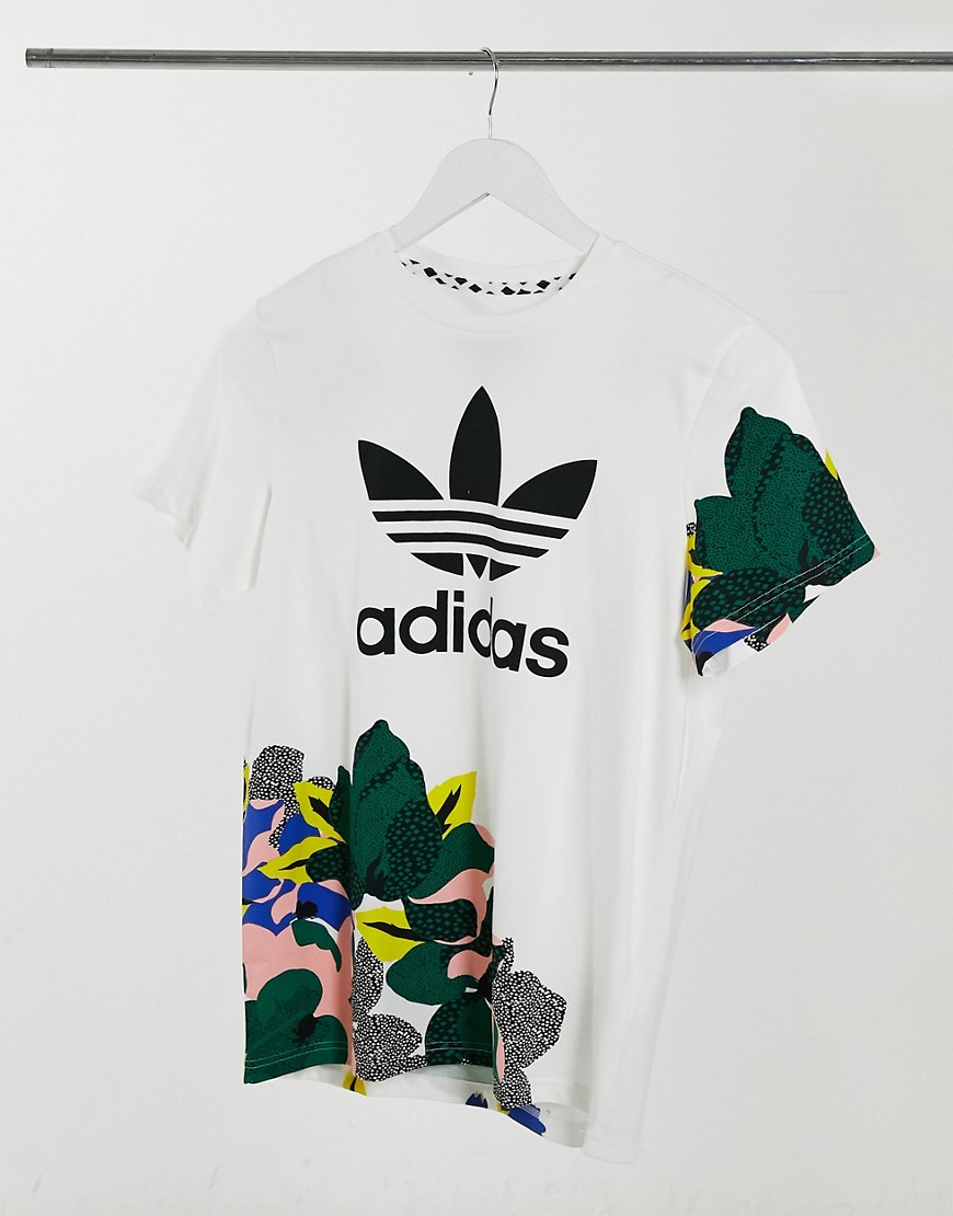 Adidas Originals large logo t-shirt in white with floral print-purple