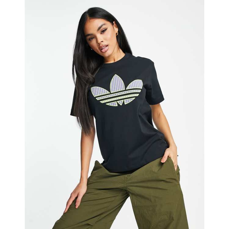 adidas Originals gingham black print t-shirt with ASOS large | in trefoil