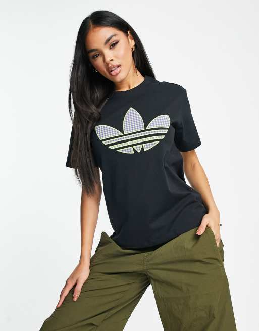 adidas Originals large trefoil t-shirt with gingham print in black | ASOS