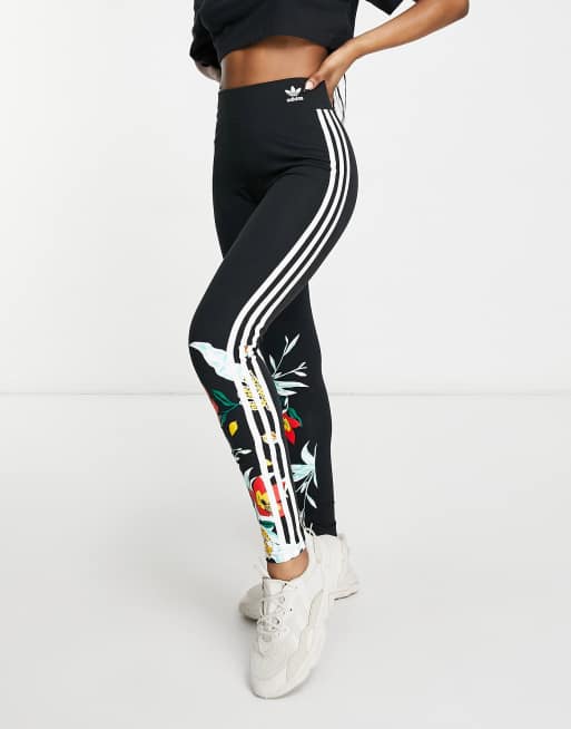 adidas 3-Stripes Flower leggings, black, white and green