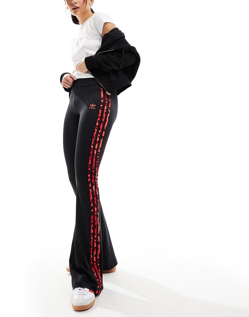 adidas Originals Leopard Luxe flared leggings in black and red leopard three stripe