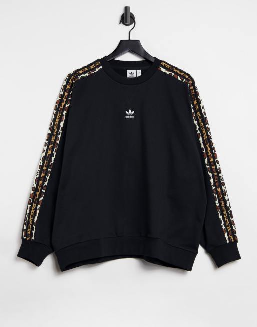 adidas Originals - Leopard Luxe - Oversized sweatshirt i sort med tre striber i leopardprint