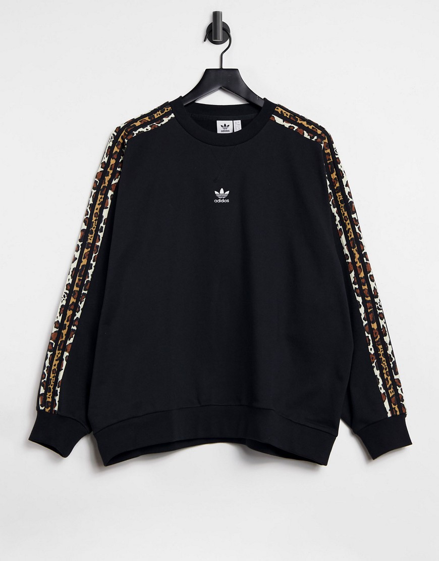 Adidas Originals 'leopard Luxe' Oversized Sweatshirt In Black With Leopard Three Stripes