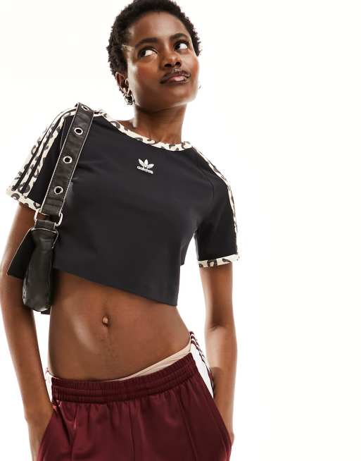 adidas Originals – Leopard Luxe – Svart, kort t-shirt med tre leopardmönstrade ränder