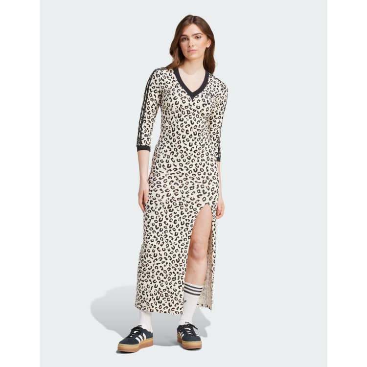 adidas Originals leopard print 3-stripes maxi dress in black