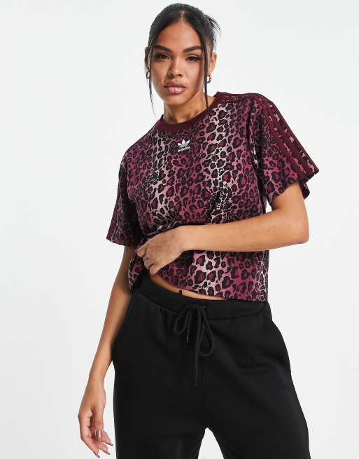 adidas Originals leopard print cropped t-shirt in maroon | ASOS