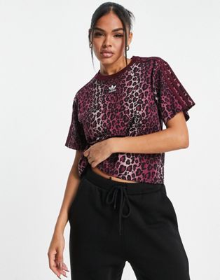 adidas Originals leopard print cropped t-shirt in maroon