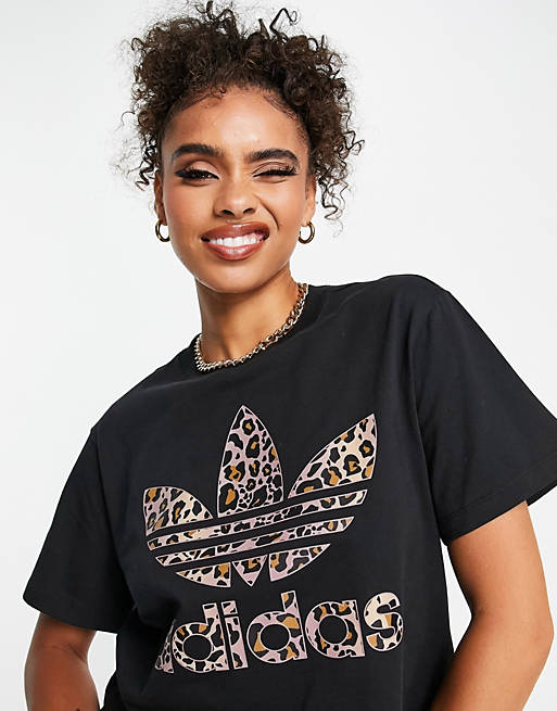 adidas Originals leopard print large logo t-shirt in black | ASOS