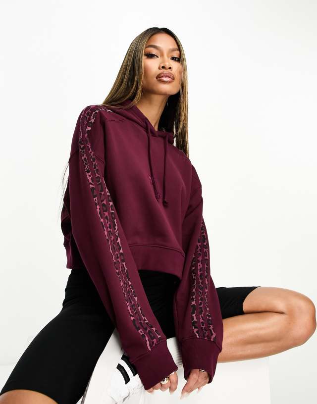 adidas Originals leopard three stripe hoodie in maroon red