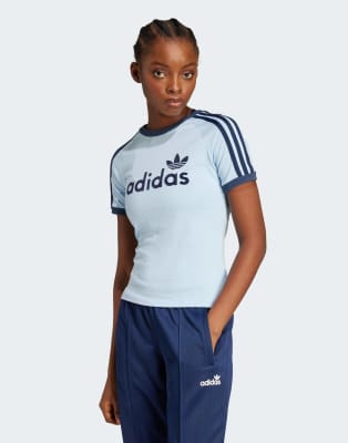 adidas Originals Linear graphic cali tee in light blue and navy
