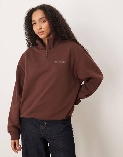 adidas Originals linear logo half zip sweat in brown - view 1