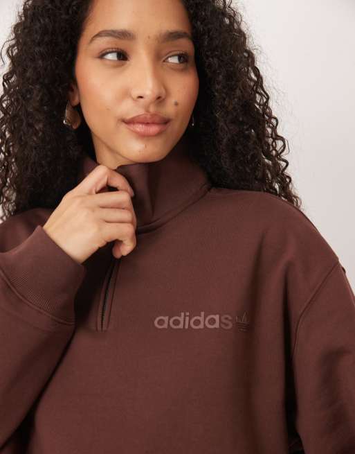 adidas Originals linear logo half zip sweat in brown, 2 of 4