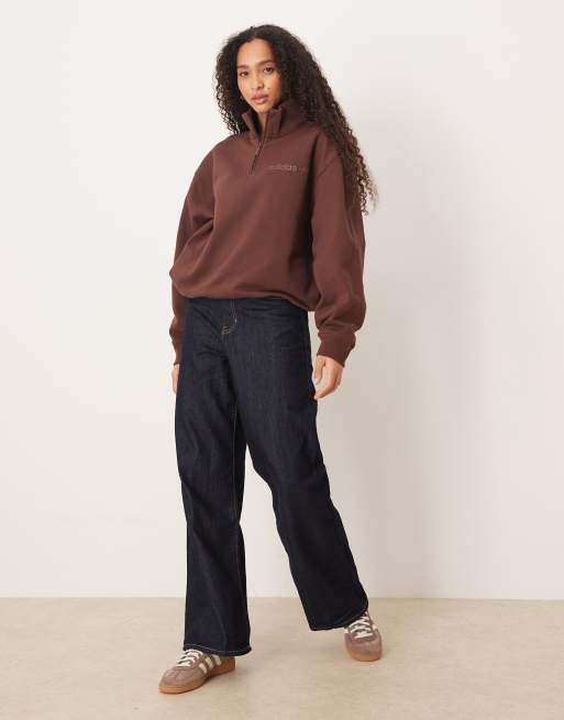 adidas Originals linear logo half zip sweat in brown, 3 of 4