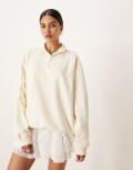 [adidas Originals] adidas Originals linear logo half zip sweat in cream-White L Cream white
