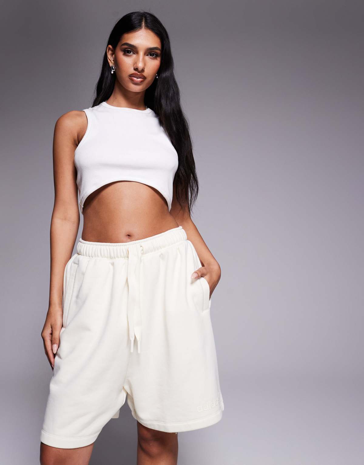 adidas Originals linear logo sweat shorts in cream