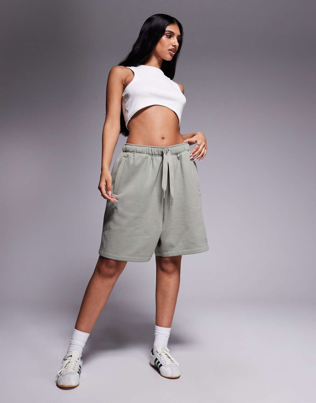 adidas Originals linear logo sweat shorts in khaki