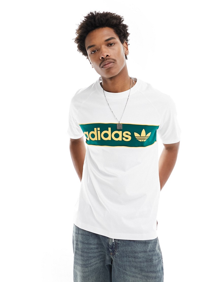 adidas Originals linear logo t-shirt in white, dark green and yellow
