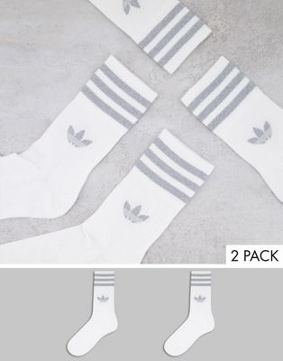 adidas Originals logo 2 pack crew socks in white with silver three stripes