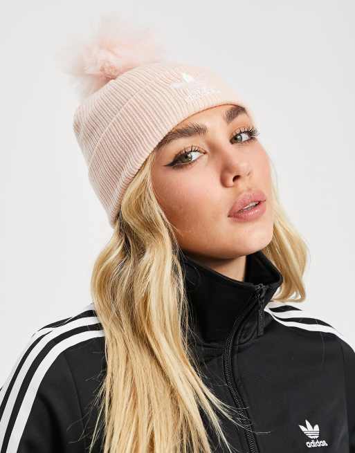 adidas Originals logo faux fur bobble beanie in pink