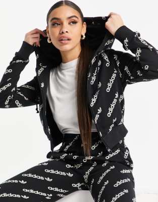 adidas Originals 'Logomania' repeat logo zip hoodie in black - ASOS Price Checker