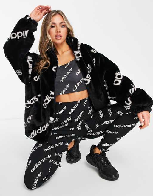 adidas Originals Logomania repeat logo faux fur jacket in black | ASOS