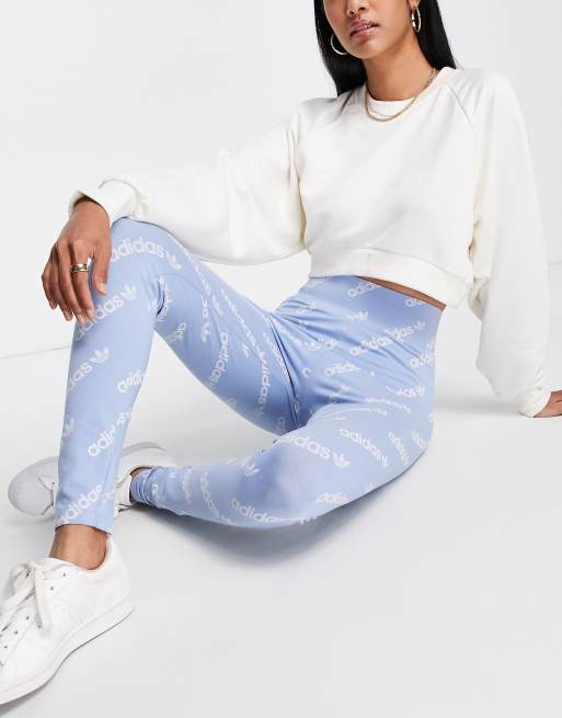 adidas Originals Plus 'Logomania' repeat logo leggings in light blue, ASOS