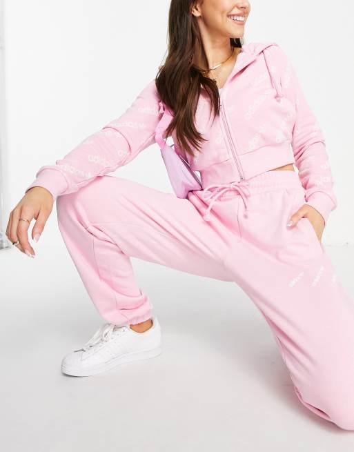adidas Originals – Logomania – Rosa huvtröja med upprepad logga och dragkedja